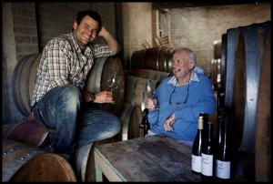 Photograph Meredith O'Shea. 241112.The Sunday Age.Photograph shows. L to R Winemaker Dylan McMahon and his grandfather DR. Peter Mcmahon . Below Betty the red heeler .